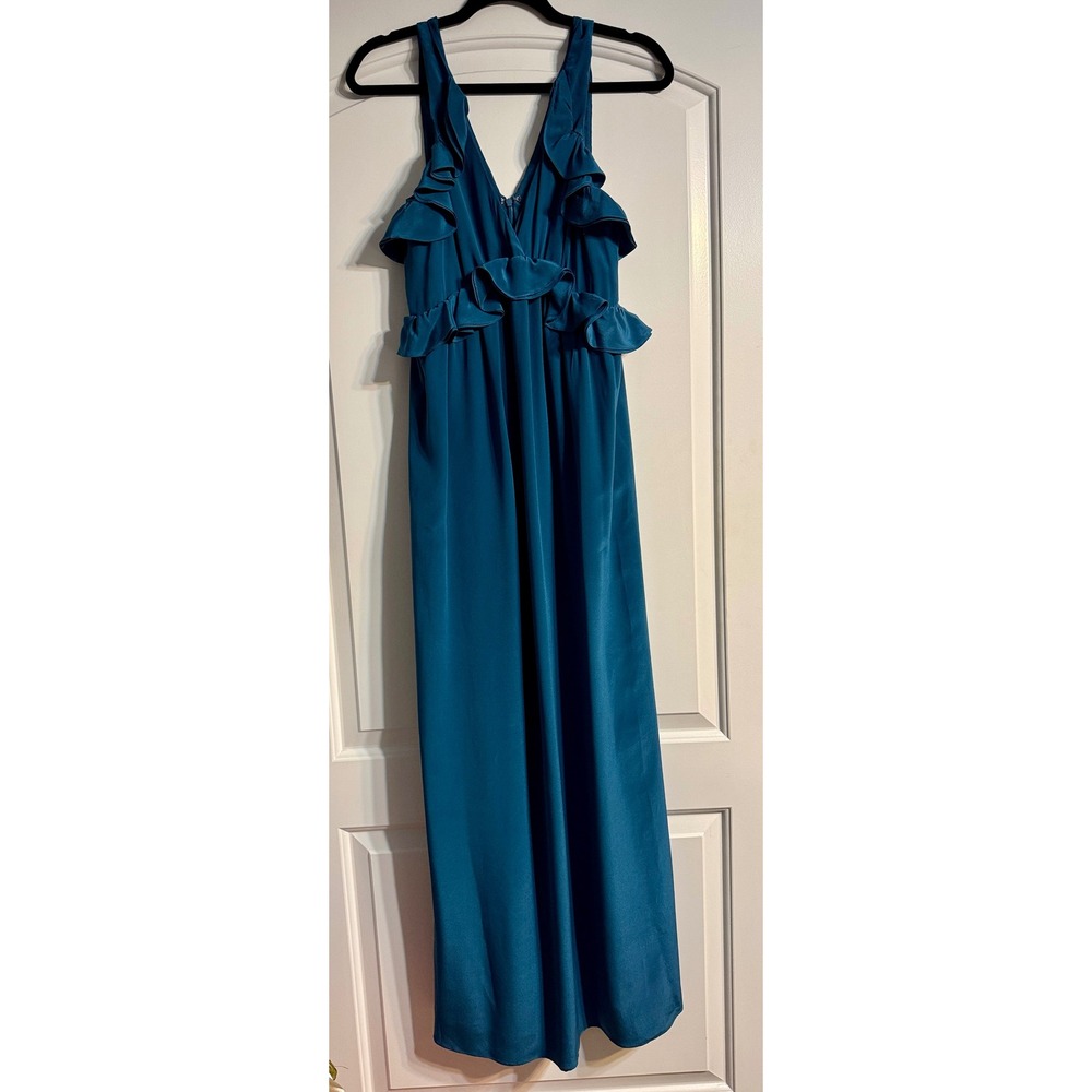 French Connection Maxi Dress 4 Teal Ruffle Satin V-Neck Gown Wedding Guest Gala